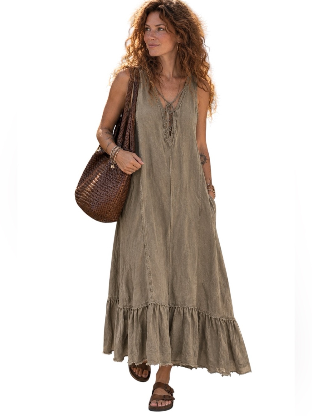 XCVI 100% Linen Maxi Dress – Size M – Lace-Up Neckline – Raw Hem